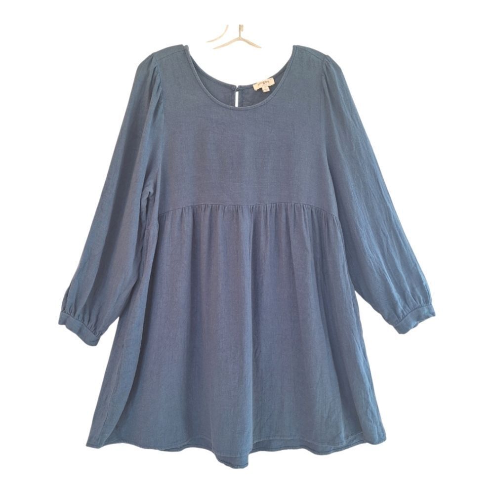 UMGEE Linen Blend Oversized Flowy Babydoll Pocket Dress Keyhole Peacock Blue L - Picture 3 of 15